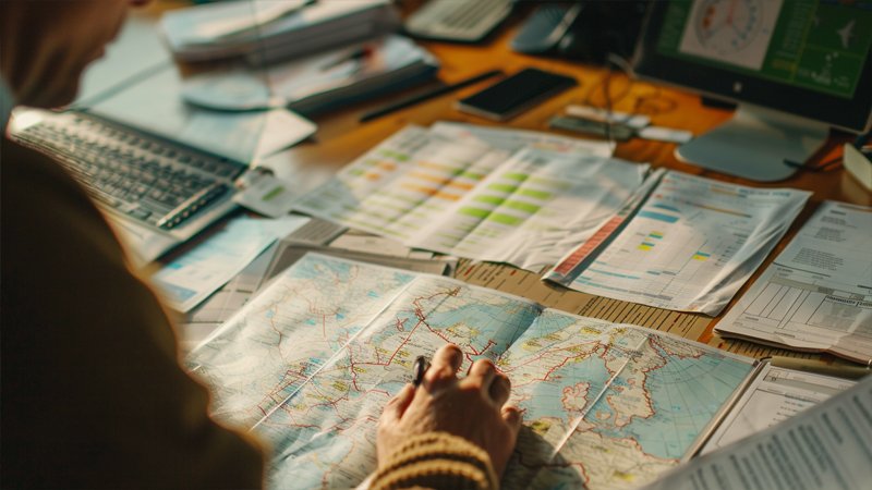 alt="A person is looking at a world map"